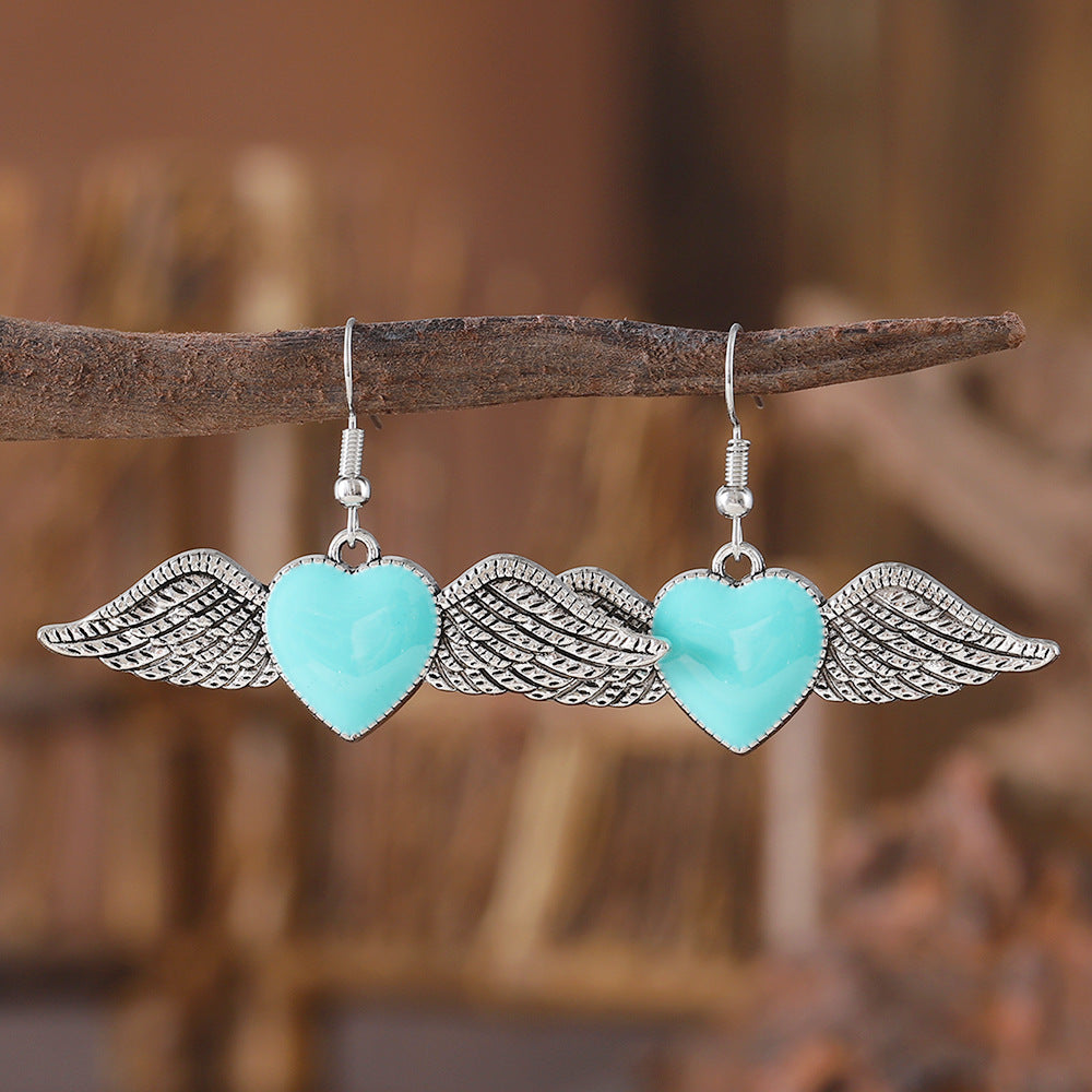 Wholesale Retro Gothic Style Peach Heart Wings Personality Niche Design Oil Drop Heart Wings Earrings